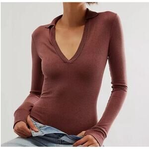 Free People NWT Do It Right Ribbed Collared Bodysuit in Hickory Brown // XS